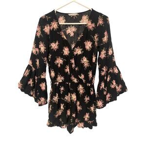 American Eagle Black Floral Romper Long Bell Sleeves V-Neck Dark Romantic XS